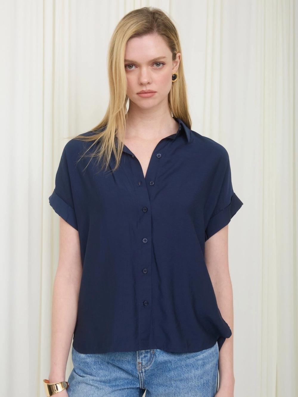 Classic Navy Short-Sleeve Button-Up Blouse - Women's Top